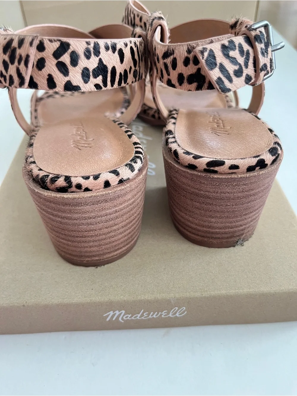 Madewell Wisteria Dove cheeta Strappy Block Heel Sandals Tan/Black Womens 9.5
